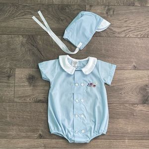 Class Club Baby 6m Blue Train Romper and Conductor Bonnet Hat